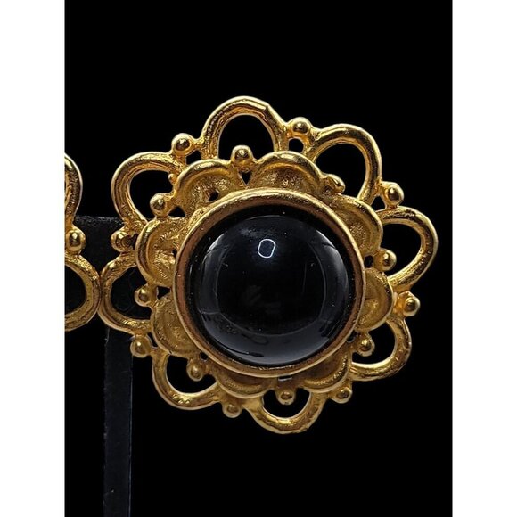 Runway Style Clip-On Earrings Gold Black Stone Center - Picture 9 of 14